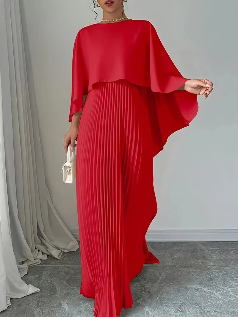 Spring Summer Elegant Crew Neck Pleated Dresses Women Casual Solid Loose Long Dress Cloak Sleeves Ruffle Maxi Dress Vestidos