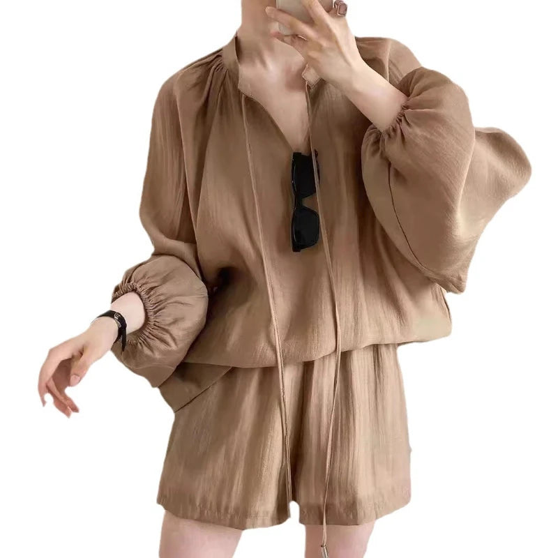 Fashionable Elegant 2025 New in Summer Women'S Solid Color Loose V-Neck Lantern Sleeve High Waist Shorts Casual Two-Piece Set