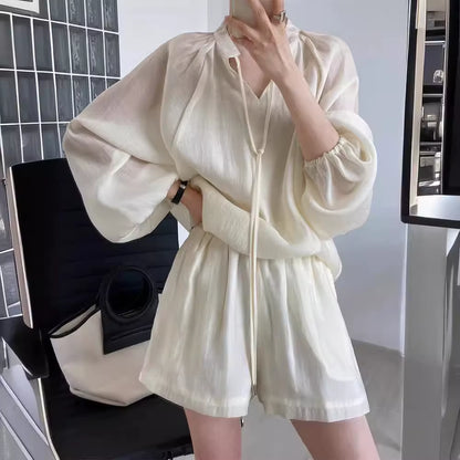 Fashionable Elegant 2025 New in Summer Women'S Solid Color Loose V-Neck Lantern Sleeve High Waist Shorts Casual Two-Piece Set