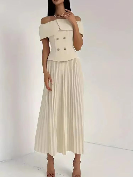 Fashion Two Piece Set Sexy Skirt Office Lady Two Piece Set Women Off-Shoulder Tops and Pleated Long Skirt Matching Sets