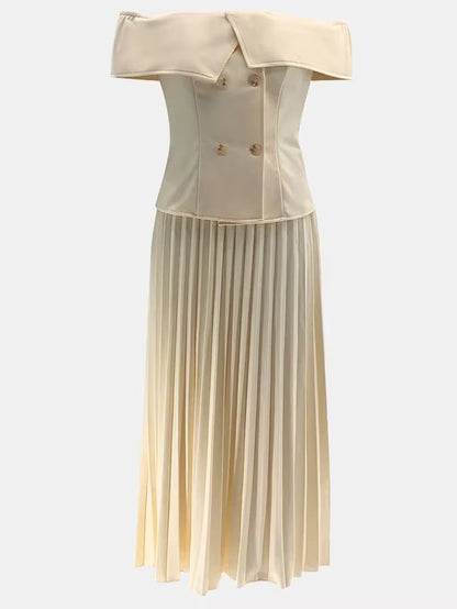 Fashion Two Piece Set Sexy Skirt Office Lady Two Piece Set Women Off-Shoulder Tops and Pleated Long Skirt Matching Sets