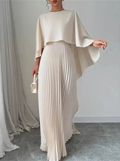 Spring Summer Elegant Crew Neck Pleated Dresses Women Casual Solid Loose Long Dress Cloak Sleeves Ruffle Maxi Dress Vestidos
