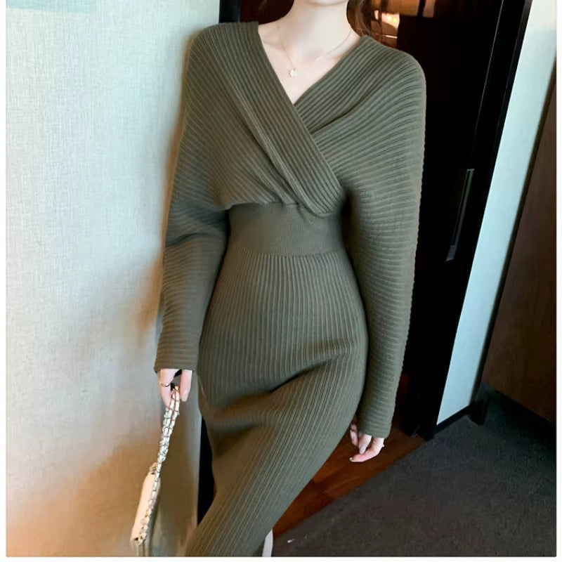 Women V Neck Slim Knitted Pencil High Waist Long Dress Autumn Winter Fashion Elegant Bodycon Solid Color Sweater Dress