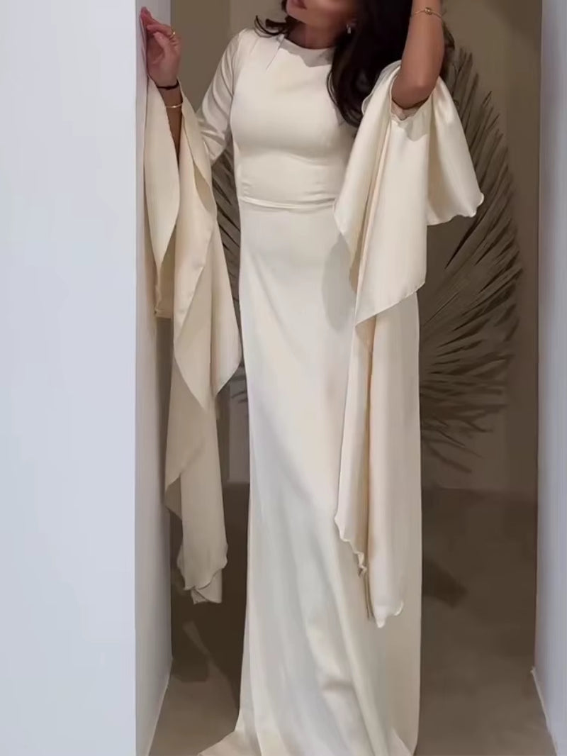 Elegant Solid Color O Neck Chiffon Straight Modest Casual Party Robe Simple Big Swing Sleeves A-Line Loose Evening Dress