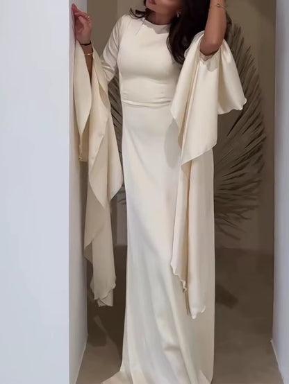 Elegant Solid Color O Neck Chiffon Straight Modest Casual Party Robe Simple Big Swing Sleeves A-Line Loose Evening Dress