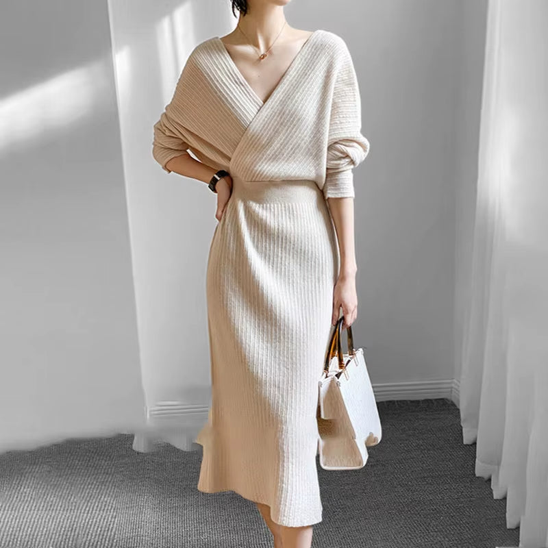 Women V Neck Slim Knitted Pencil High Waist Long Dress Autumn Winter Fashion Elegant Bodycon Solid Color Sweater Dress