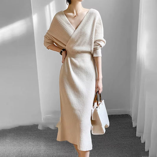 Women V Neck Slim Knitted Pencil High Waist Long Dress Autumn Winter Fashion Elegant Bodycon Solid Color Sweater Dress