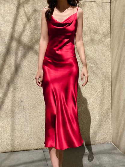 Women Satin Solid Color Swinging Collar Evening Dress Elegant Party Dresses New Summer Sexy Spaghetti Strap Backless Maxi Dress
