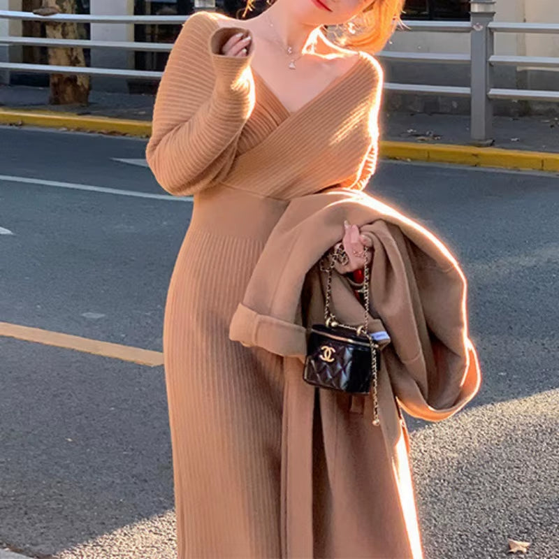 Women V Neck Slim Knitted Pencil High Waist Long Dress Autumn Winter Fashion Elegant Bodycon Solid Color Sweater Dress
