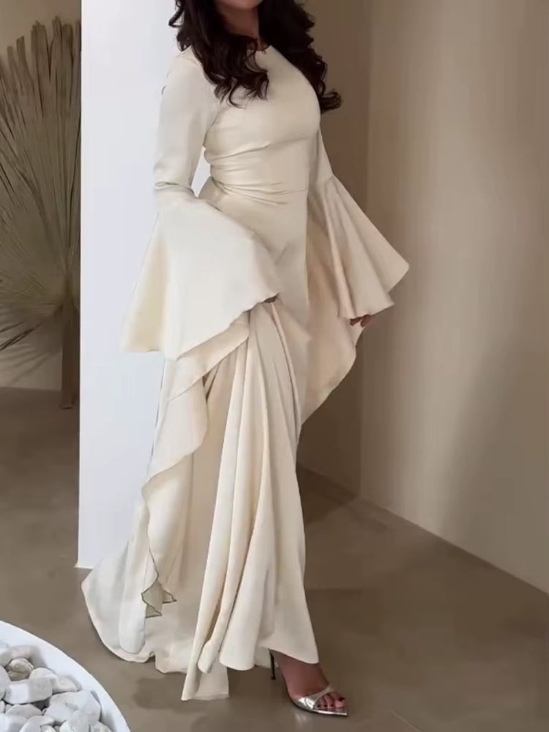 Elegant Solid Color O Neck Chiffon Straight Modest Casual Party Robe Simple Big Swing Sleeves A-Line Loose Evening Dress