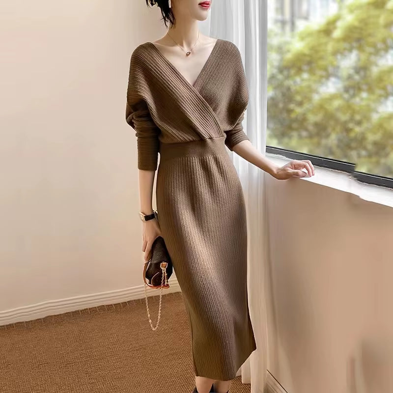 Women V Neck Slim Knitted Pencil High Waist Long Dress Autumn Winter Fashion Elegant Bodycon Solid Color Sweater Dress