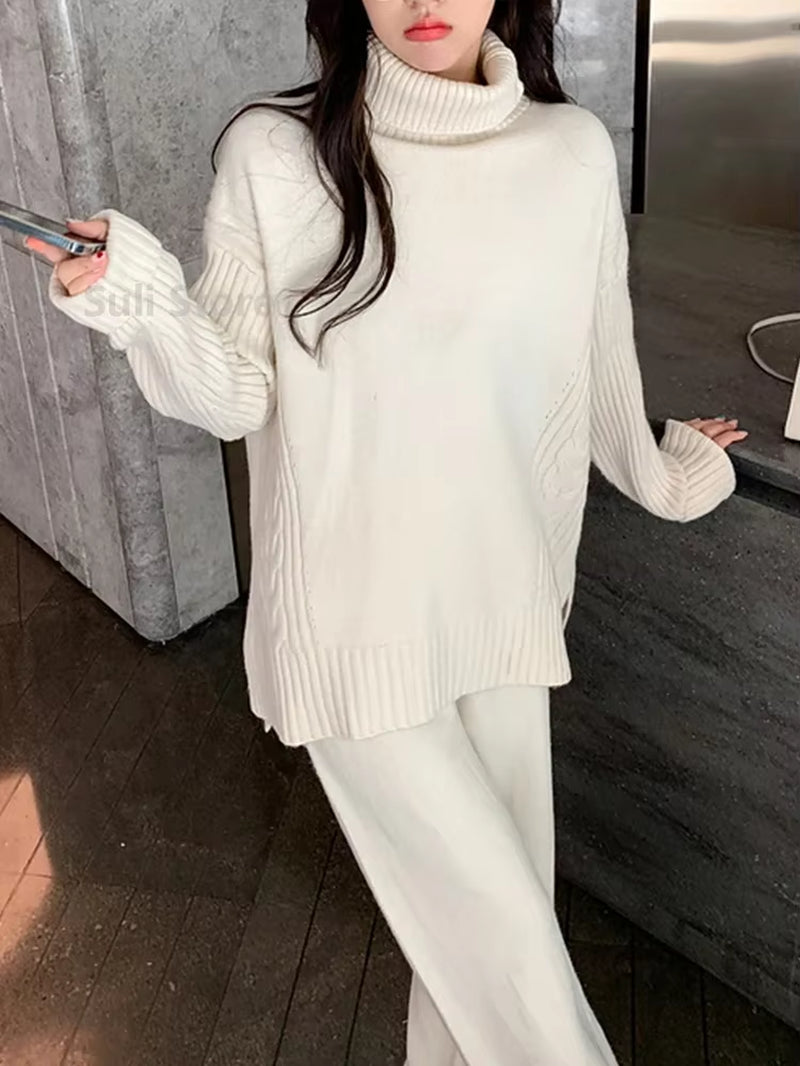 Solid Turtleneck Sweater + Loose Trousers Office Lady Suit Sweater Set Warm Suit for Women Winter Knitted Suits 2 Piece Set