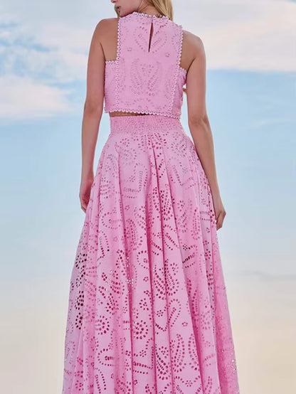 Fashion 2025 New in Spring Summer New Solid Color round Neck Sleeveless Long Dress Set INS Leisure Resort Loose Two-Piece Set