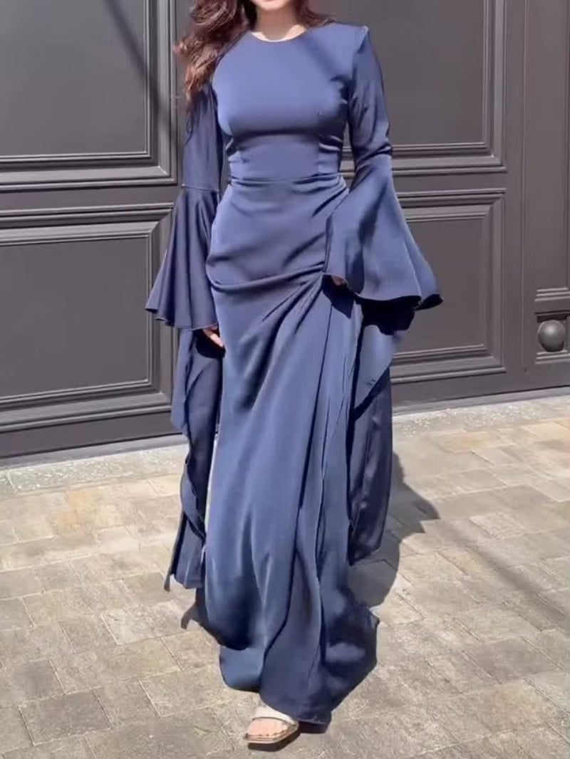 Elegant Solid Color O Neck Chiffon Straight Modest Casual Party Robe Simple Big Swing Sleeves A-Line Loose Evening Dress