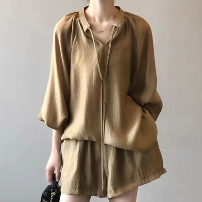Fashionable Elegant 2025 New in Summer Women'S Solid Color Loose V-Neck Lantern Sleeve High Waist Shorts Casual Two-Piece Set