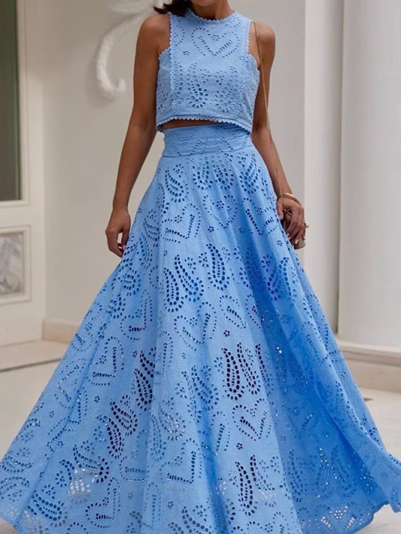 Fashion 2025 New in Spring Summer New Solid Color round Neck Sleeveless Long Dress Set INS Leisure Resort Loose Two-Piece Set