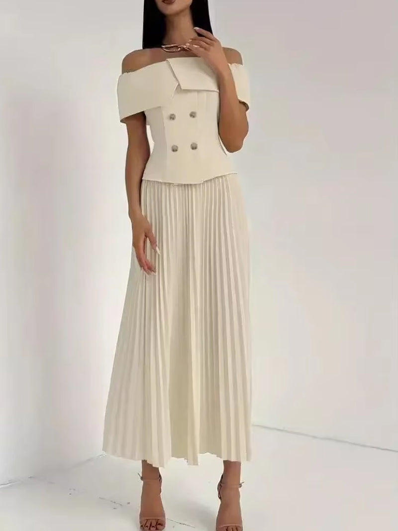 Fashion Two Piece Set Sexy Skirt Office Lady Two Piece Set Women Off-Shoulder Tops and Pleated Long Skirt Matching Sets