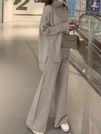 Solid Turtleneck Sweater + Loose Trousers Office Lady Suit Sweater Set Warm Suit for Women Winter Knitted Suits 2 Piece Set