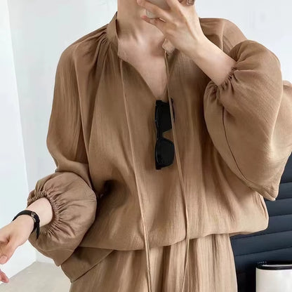 Fashionable Elegant 2025 New in Summer Women'S Solid Color Loose V-Neck Lantern Sleeve High Waist Shorts Casual Two-Piece Set