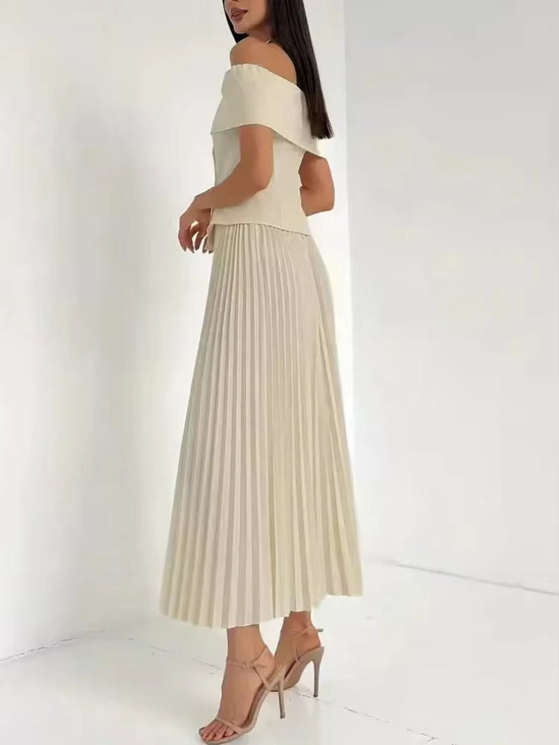 Fashion Two Piece Set Sexy Skirt Office Lady Two Piece Set Women Off-Shoulder Tops and Pleated Long Skirt Matching Sets