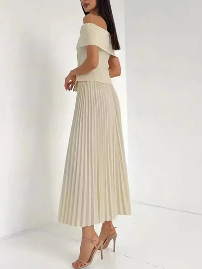 Fashion Two Piece Set Sexy Skirt Office Lady Two Piece Set Women Off-Shoulder Tops and Pleated Long Skirt Matching Sets