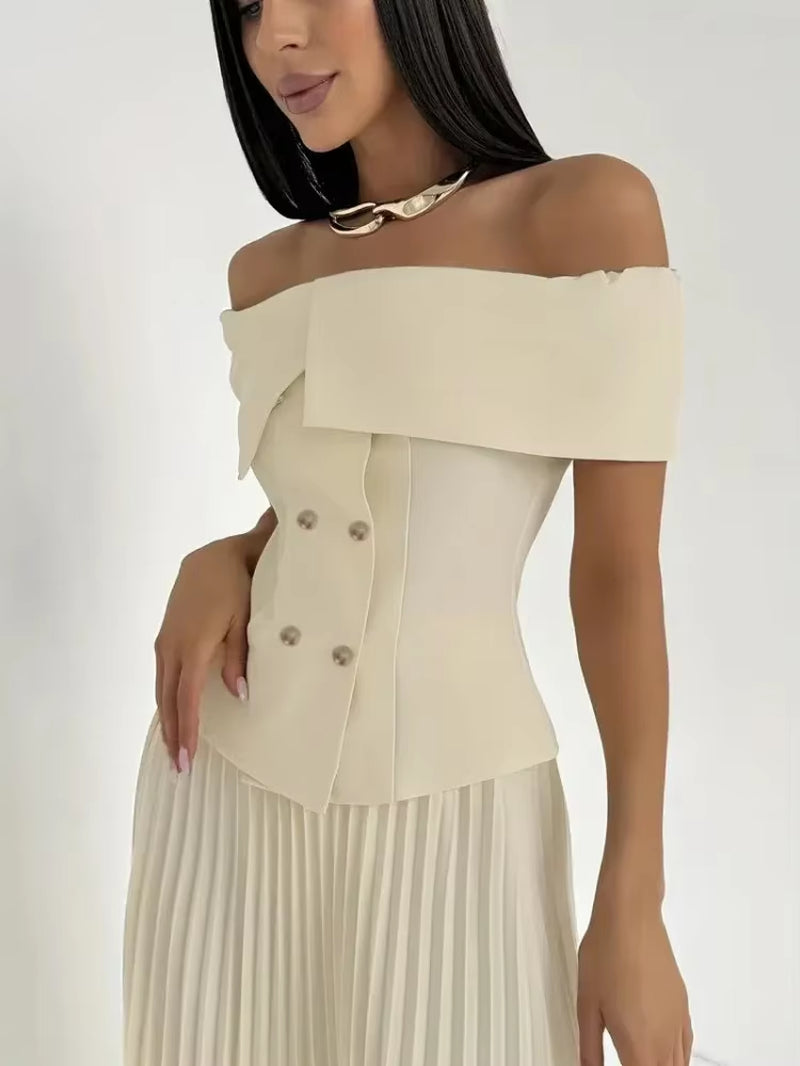 Fashion Two Piece Set Sexy Skirt Office Lady Two Piece Set Women Off-Shoulder Tops and Pleated Long Skirt Matching Sets