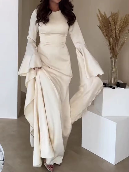 Elegant Solid Color O Neck Chiffon Straight Modest Casual Party Robe Simple Big Swing Sleeves A-Line Loose Evening Dress
