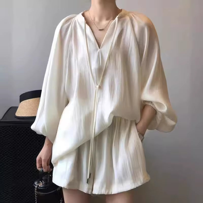 Fashionable Elegant 2025 New in Summer Women'S Solid Color Loose V-Neck Lantern Sleeve High Waist Shorts Casual Two-Piece Set