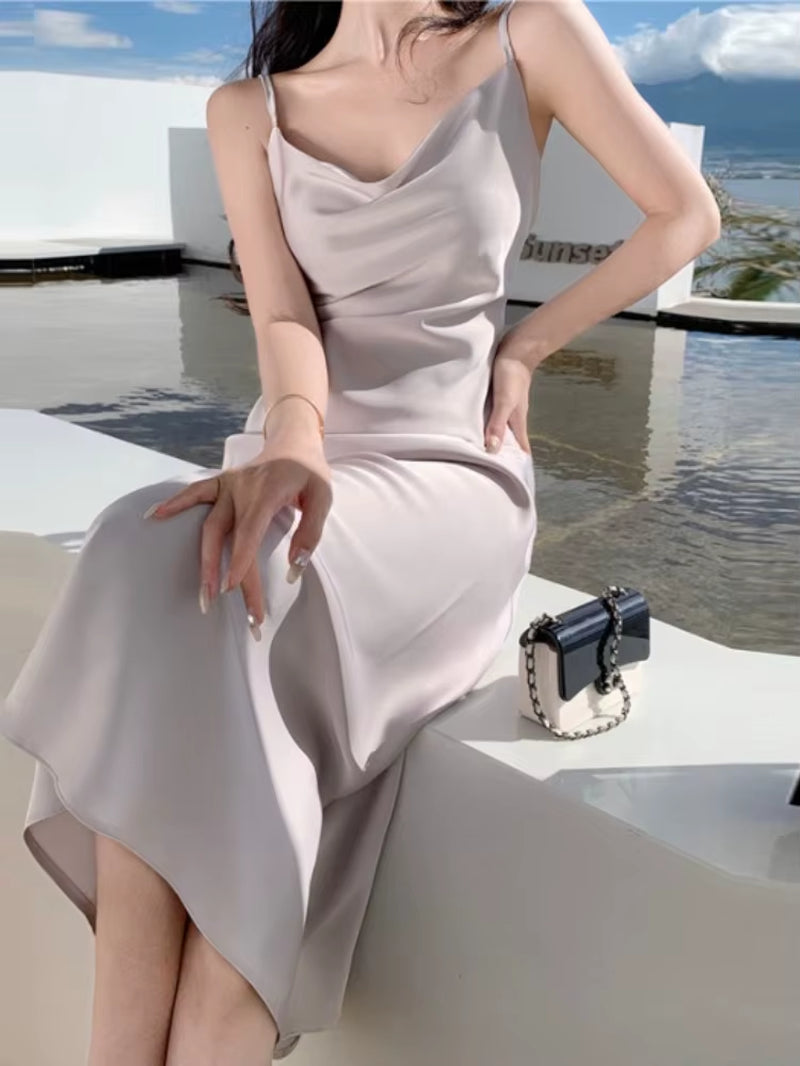 Women Satin Solid Color Swinging Collar Evening Dress Elegant Party Dresses New Summer Sexy Spaghetti Strap Backless Maxi Dress