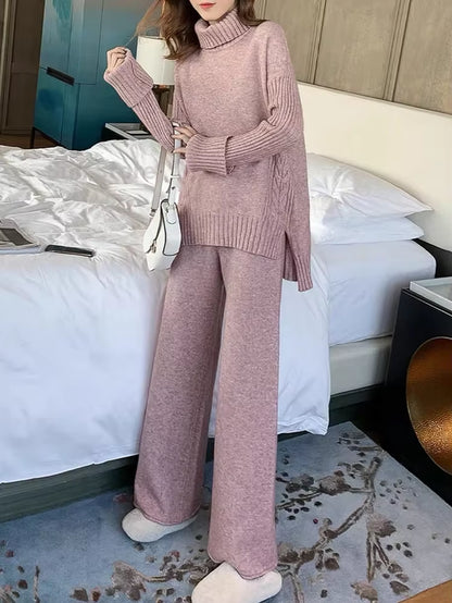 Solid Turtleneck Sweater + Loose Trousers Office Lady Suit Sweater Set Warm Suit for Women Winter Knitted Suits 2 Piece Set
