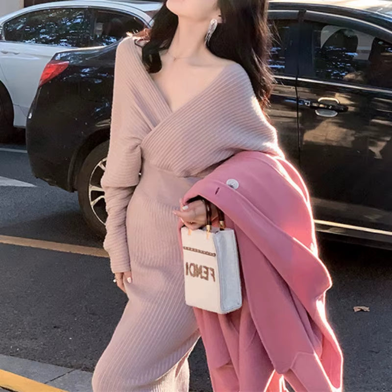 Women V Neck Slim Knitted Pencil High Waist Long Dress Autumn Winter Fashion Elegant Bodycon Solid Color Sweater Dress