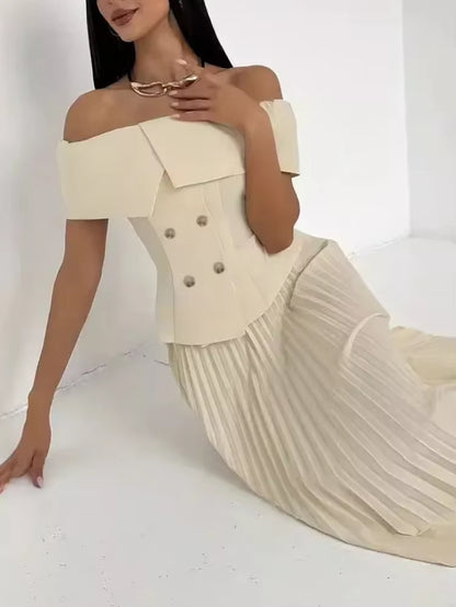 Fashion Two Piece Set Sexy Skirt Office Lady Two Piece Set Women Off-Shoulder Tops and Pleated Long Skirt Matching Sets