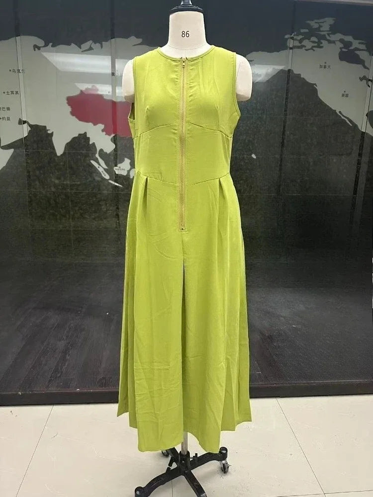 Summer New Office Ladies Party Robes Fashion Sleeveless Solid High Waist Zipper Maxi Dress Women Elegant O Neck Loose Dresses