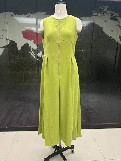 Summer New Office Ladies Party Robes Fashion Sleeveless Solid High Waist Zipper Maxi Dress Women Elegant O Neck Loose Dresses