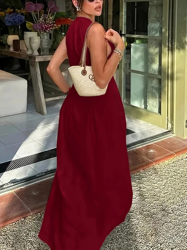 Summer New Office Ladies Party Robes Fashion Sleeveless Solid High Waist Zipper Maxi Dress Women Elegant O Neck Loose Dresses