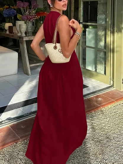 Summer New Office Ladies Party Robes Fashion Sleeveless Solid High Waist Zipper Maxi Dress Women Elegant O Neck Loose Dresses