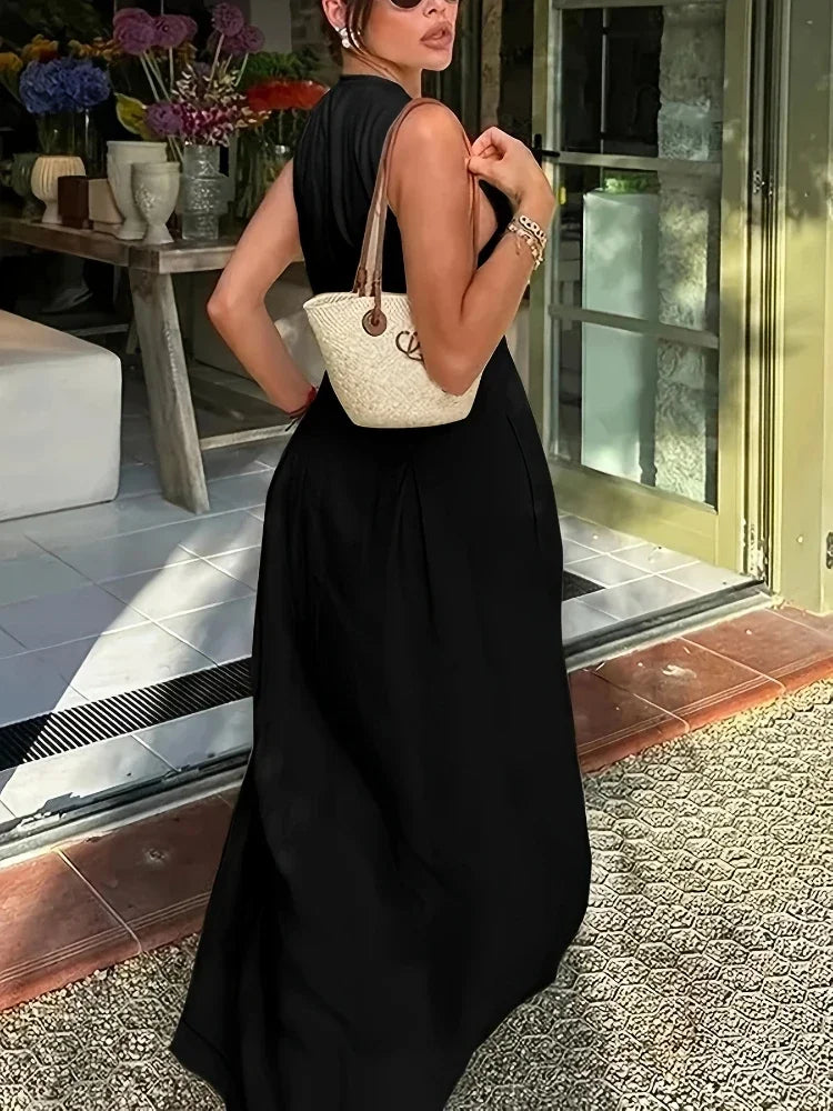 Summer New Office Ladies Party Robes Fashion Sleeveless Solid High Waist Zipper Maxi Dress Women Elegant O Neck Loose Dresses