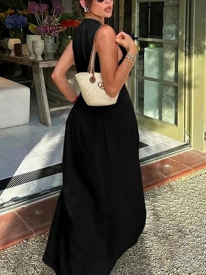 Summer New Office Ladies Party Robes Fashion Sleeveless Solid High Waist Zipper Maxi Dress Women Elegant O Neck Loose Dresses