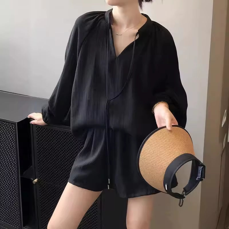 Fashionable Elegant 2025 New in Summer Women'S Solid Color Loose V-Neck Lantern Sleeve High Waist Shorts Casual Two-Piece Set
