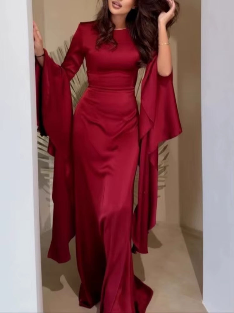 Elegant Solid Color O Neck Chiffon Straight Modest Casual Party Robe Simple Big Swing Sleeves A-Line Loose Evening Dress