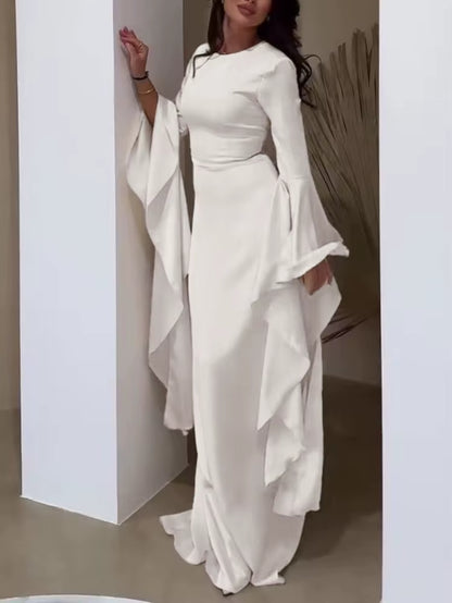 Elegant Solid Color O Neck Chiffon Straight Modest Casual Party Robe Simple Big Swing Sleeves A-Line Loose Evening Dress