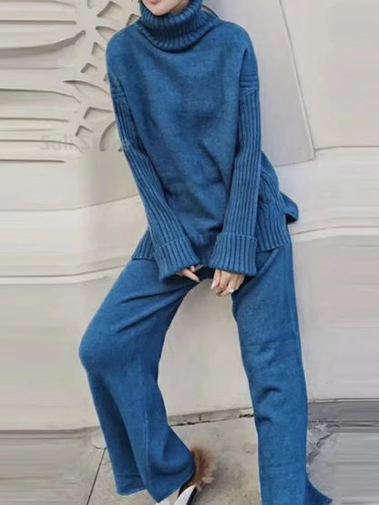Solid Turtleneck Sweater + Loose Trousers Office Lady Suit Sweater Set Warm Suit for Women Winter Knitted Suits 2 Piece Set
