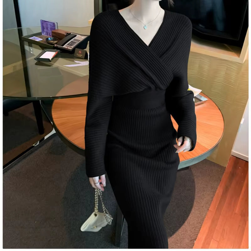 Women V Neck Slim Knitted Pencil High Waist Long Dress Autumn Winter Fashion Elegant Bodycon Solid Color Sweater Dress
