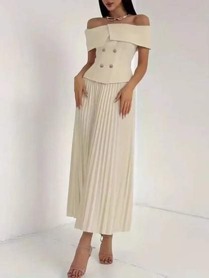Fashion Two Piece Set Sexy Skirt Office Lady Two Piece Set Women Off-Shoulder Tops and Pleated Long Skirt Matching Sets