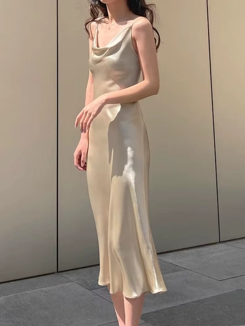 Women Satin Solid Color Swinging Collar Evening Dress Elegant Party Dresses New Summer Sexy Spaghetti Strap Backless Maxi Dress
