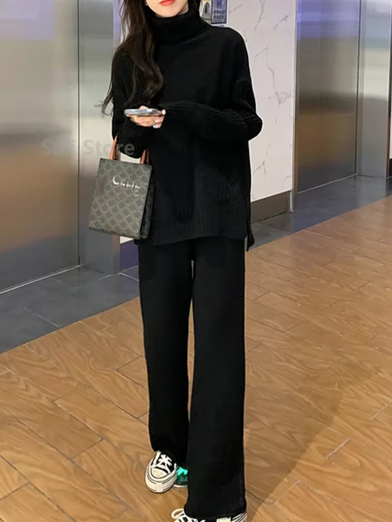 Solid Turtleneck Sweater + Loose Trousers Office Lady Suit Sweater Set Warm Suit for Women Winter Knitted Suits 2 Piece Set