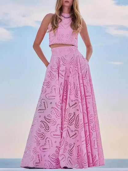 Fashion 2025 New in Spring Summer New Solid Color round Neck Sleeveless Long Dress Set INS Leisure Resort Loose Two-Piece Set