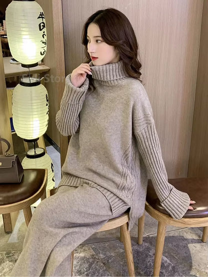 Solid Turtleneck Sweater + Loose Trousers Office Lady Suit Sweater Set Warm Suit for Women Winter Knitted Suits 2 Piece Set